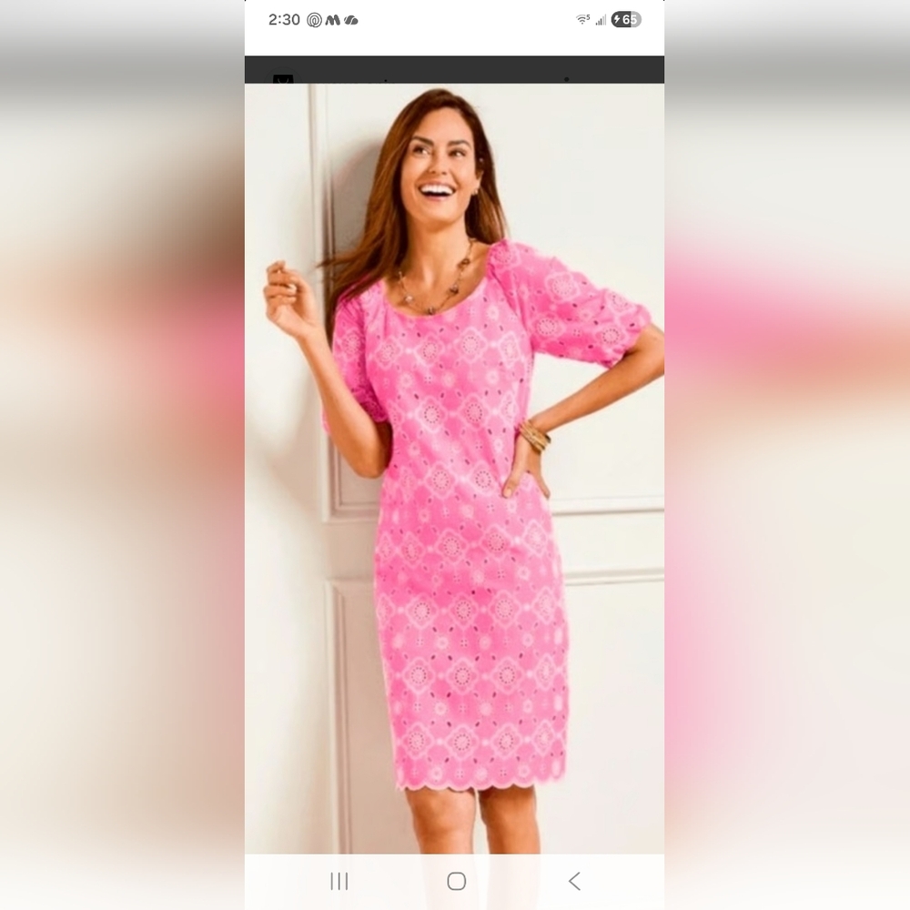 Talbots Pink Eyelet Midi S Sleeve Embroidered Summer Dress. Ladies Size 14 - Picture 2 of 12